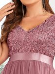 Plus Size Sleeveless Sequin Ribbon Waist Tulle High Low Evening Dress – Purple Orchid