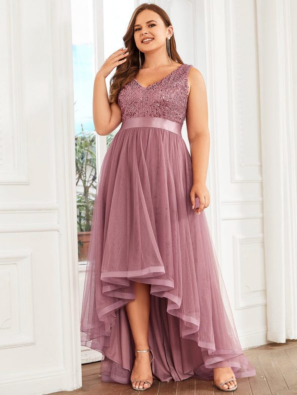 Plus Size Sleeveless Sequin Ribbon Waist Tulle High Low Evening Dress - Purple Orchid