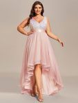 Plus Size Sleeveless Sequin Ribbon Waist Tulle High Low Evening Dress - Pink