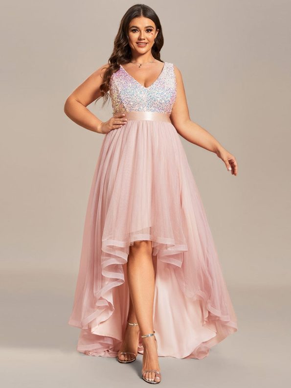 Plus Size Sleeveless Sequin Ribbon Waist Tulle High Low Evening Dress - Pink