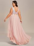 Plus Size Sleeveless Sequin Ribbon Waist Tulle High Low Evening Dress – Pink