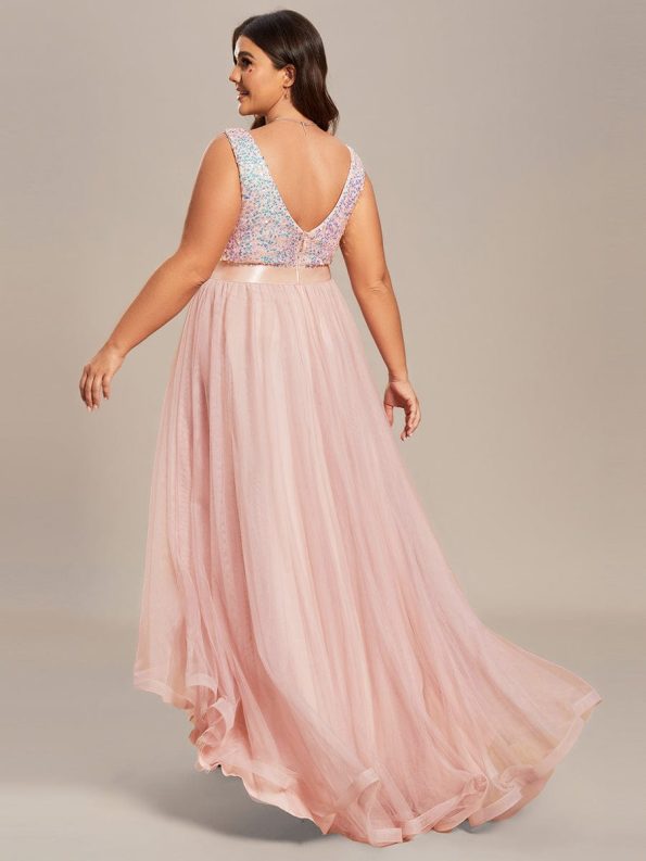 Plus Size Sleeveless Sequin Ribbon Waist Tulle High Low Evening Dress - Pink