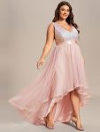 Plus Size Sleeveless Sequin Ribbon Waist Tulle High Low Evening Dress – Pink