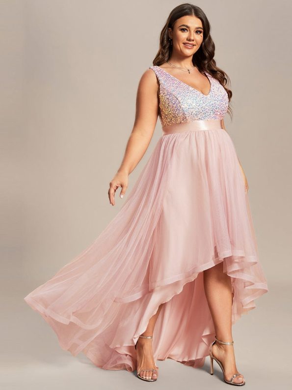 Plus Size Sleeveless Sequin Ribbon Waist Tulle High Low Evening Dress - Pink