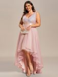 Plus Size Sleeveless Sequin Ribbon Waist Tulle High Low Evening Dress – Pink