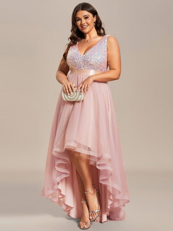 Plus Size Sleeveless Sequin Ribbon Waist Tulle High Low Evening Dress - Pink