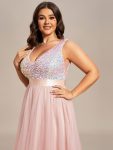 Plus Size Sleeveless Sequin Ribbon Waist Tulle High Low Evening Dress – Pink