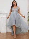 Plus Size Sleeveless Sequin Ribbon Waist Tulle High Low Evening Dress – Silver