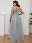 Plus Size Sleeveless Sequin Ribbon Waist Tulle High Low Evening Dress – Silver