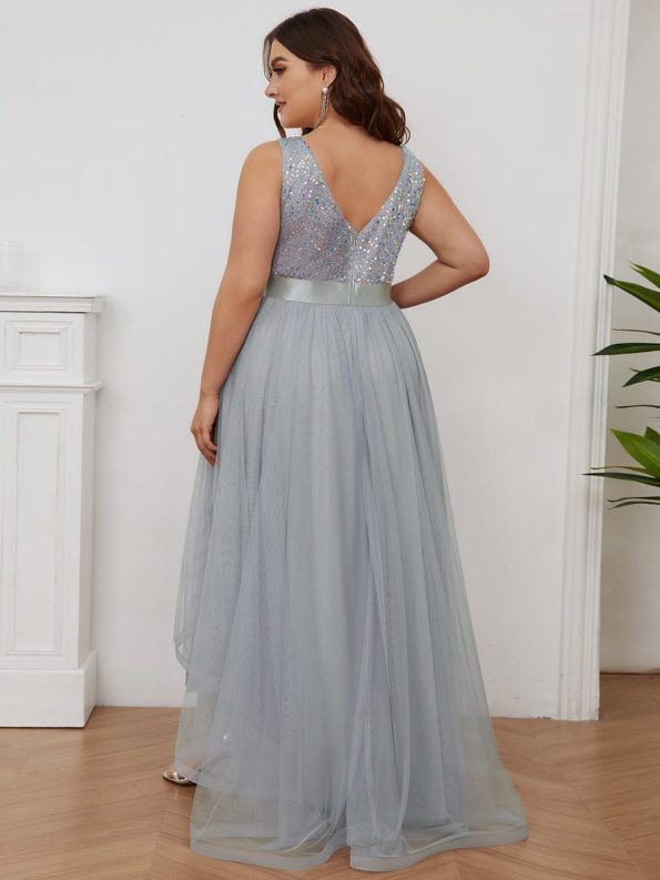 Plus Size Sleeveless Sequin Ribbon Waist Tulle High Low Evening Dress - Silver