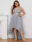 Plus Size Sleeveless Sequin Ribbon Waist Tulle High Low Evening Dress – Silver