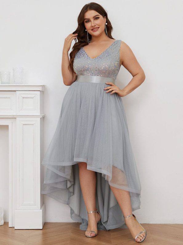 Plus Size Sleeveless Sequin Ribbon Waist Tulle High Low Evening Dress - Silver