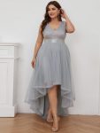 Plus Size Sleeveless Sequin Ribbon Waist Tulle High Low Evening Dress – Silver