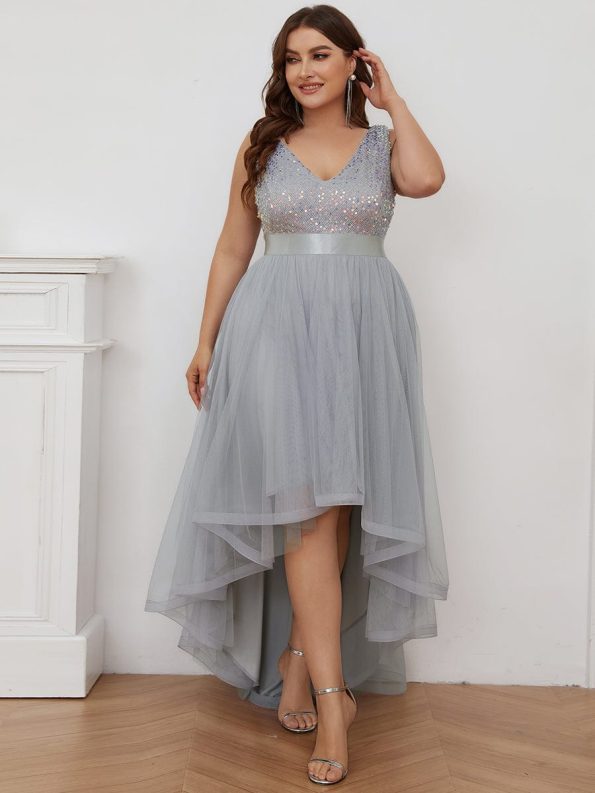 Plus Size Sleeveless Sequin Ribbon Waist Tulle High Low Evening Dress - Silver