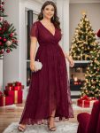 Plus Size Short Sleeve Ruffled V-Neck A-Line Lace Evening Dress – Burgundy