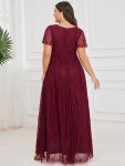 Plus Size Short Sleeve Ruffled V-Neck A-Line Lace Evening Dress – Burgundy