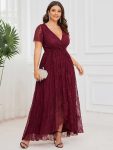 Plus Size Short Sleeve Ruffled V-Neck A-Line Lace Evening Dress – Burgundy