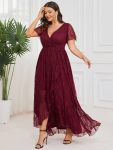 Plus Size Short Sleeve Ruffled V-Neck A-Line Lace Evening Dress – Burgundy