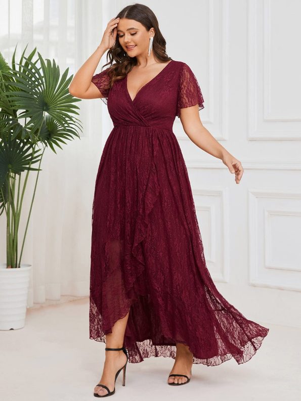 Plus Size Short Sleeve Ruffled V-Neck A-Line Lace Evening Dress - Burgundy