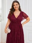 Plus Size Short Sleeve Ruffled V-Neck A-Line Lace Evening Dress – Burgundy