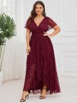 Plus Size Short Sleeve Ruffled V-Neck A-Line Lace Evening Dress – Burgundy