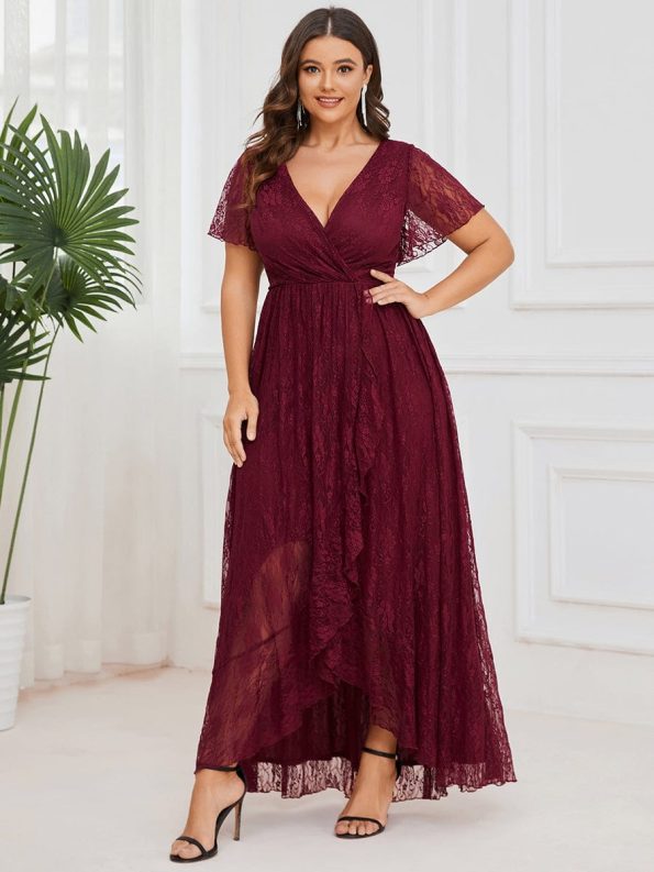 Plus Size Short Sleeve Ruffled V-Neck A-Line Lace Evening Dress - Burgundy