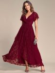 Pleated V-Neck Short Sleeve Ruffled Lace Evening Dress – Burgundy