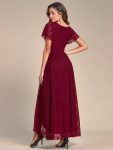 Pleated V-Neck Short Sleeve Ruffled Lace Evening Dress – Burgundy