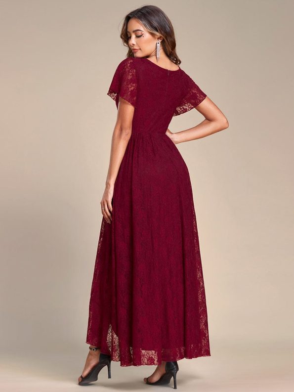 Pleated V-Neck Short Sleeve Ruffled Lace Evening Dress - Burgundy