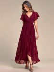 Pleated V-Neck Short Sleeve Ruffled Lace Evening Dress – Burgundy