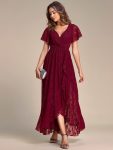 Pleated V-Neck Short Sleeve Ruffled Lace Evening Dress – Burgundy