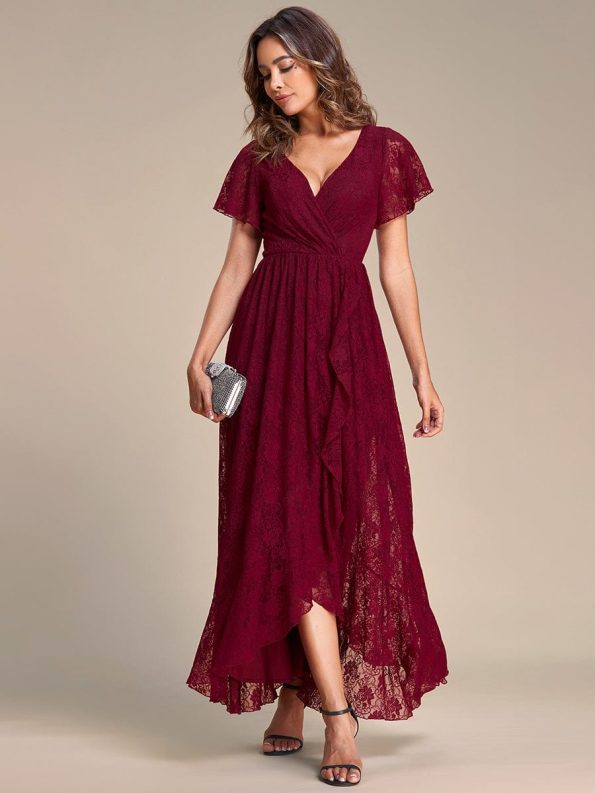 Pleated V-Neck Short Sleeve Ruffled Lace Evening Dress - Burgundy