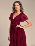 Pleated V-Neck Short Sleeve Ruffled Lace Evening Dress – Burgundy