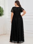 Plus Size Short Sleeve Ruffled V-Neck A-Line Lace Evening Dress – Black