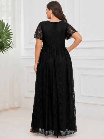 Plus Size Short Sleeve Ruffled V-Neck A-Line Lace Evening Dress - Black