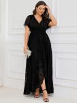 Pleated V-Neck Short Sleeve Ruffled Lace Evening Dress – Black