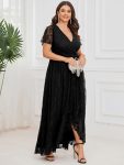 Plus Size Short Sleeve Ruffled V-Neck A-Line Lace Evening Dress – Black