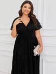 Pleated V-Neck Short Sleeve Ruffled Lace Evening Dress – Black