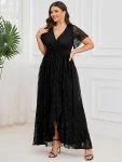 Plus Size Short Sleeve Ruffled V-Neck A-Line Lace Evening Dress – Black