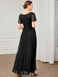 Pleated V-Neck Short Sleeve Ruffled Lace Evening Dress – Black