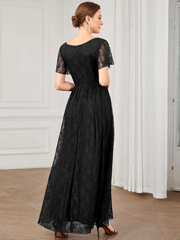 Pleated V-Neck Short Sleeve Ruffled Lace Evening Dress - Black