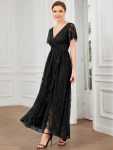 Pleated V-Neck Short Sleeve Ruffled Lace Evening Dress – Black