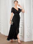 Pleated V-Neck Short Sleeve Ruffled Lace Evening Dress – Black