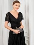 Pleated V-Neck Short Sleeve Ruffled Lace Evening Dress – Black