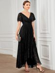 Pleated V-Neck Short Sleeve Ruffled Lace Evening Dress – Black