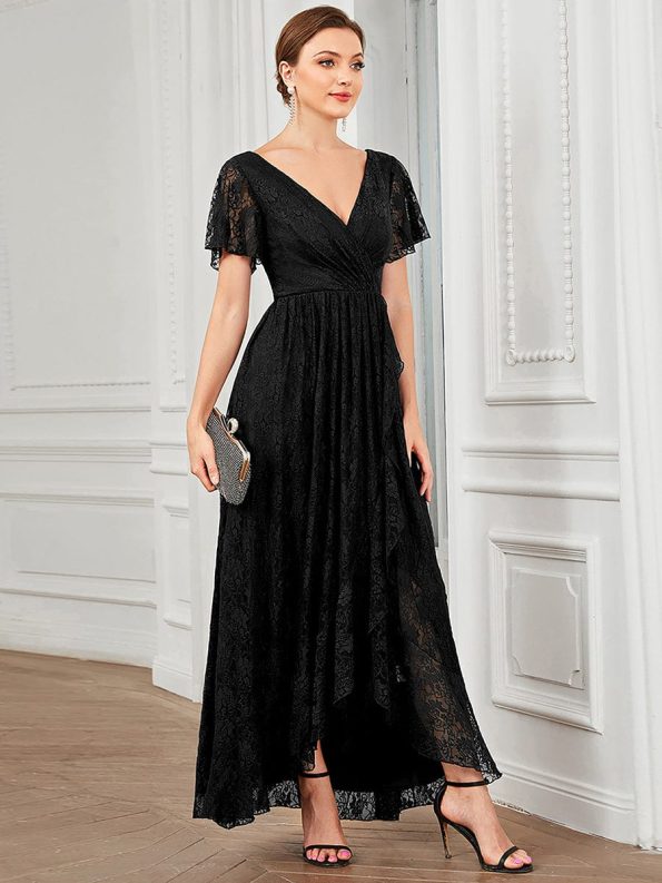 Pleated V-Neck Short Sleeve Ruffled Lace Evening Dress - Black