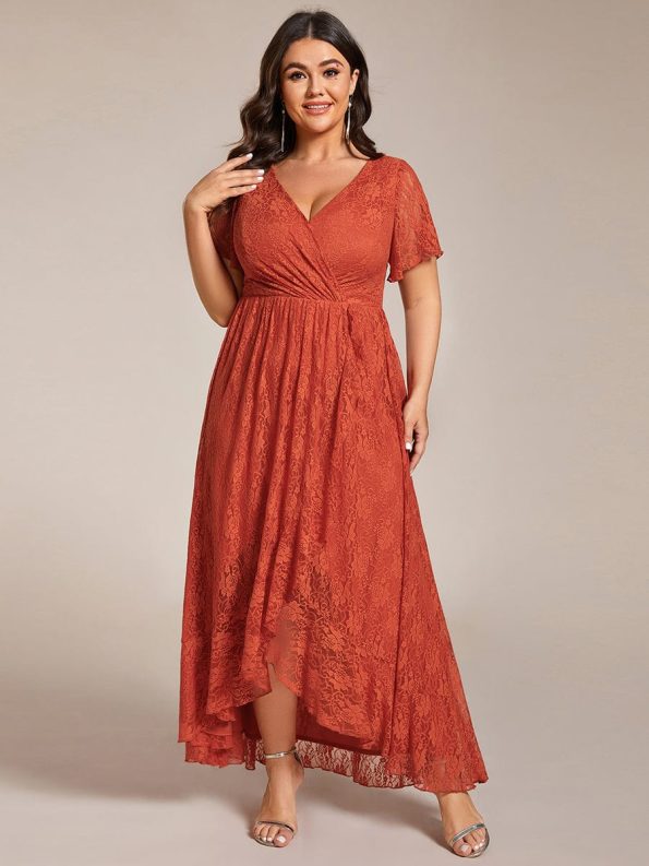 Plus Size Short Sleeve Ruffled V-Neck A-Line Lace Evening Dress - Burnt Orange