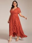 Plus Size Short Sleeve Ruffled V-Neck A-Line Lace Evening Dress – Burnt Orange