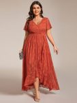 Plus Size Short Sleeve Ruffled V-Neck A-Line Lace Evening Dress – Burnt Orange