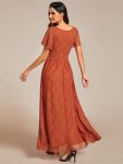 Pleated V-Neck Short Sleeve Ruffled Lace Evening Dress – Burnt Orange